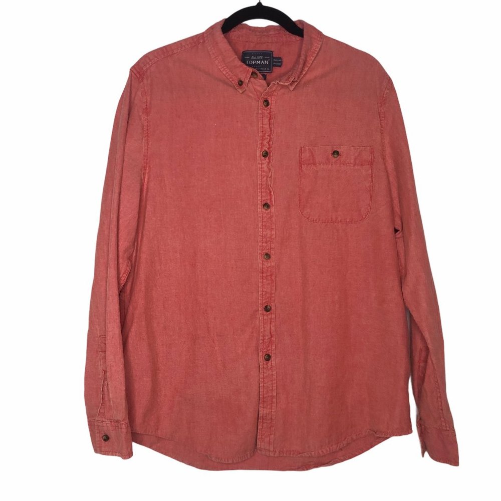 MENS TOPMAN RED CHAMBRAY LONG SLEEVE BUTTON DOWN SHIRT with POCKET XL